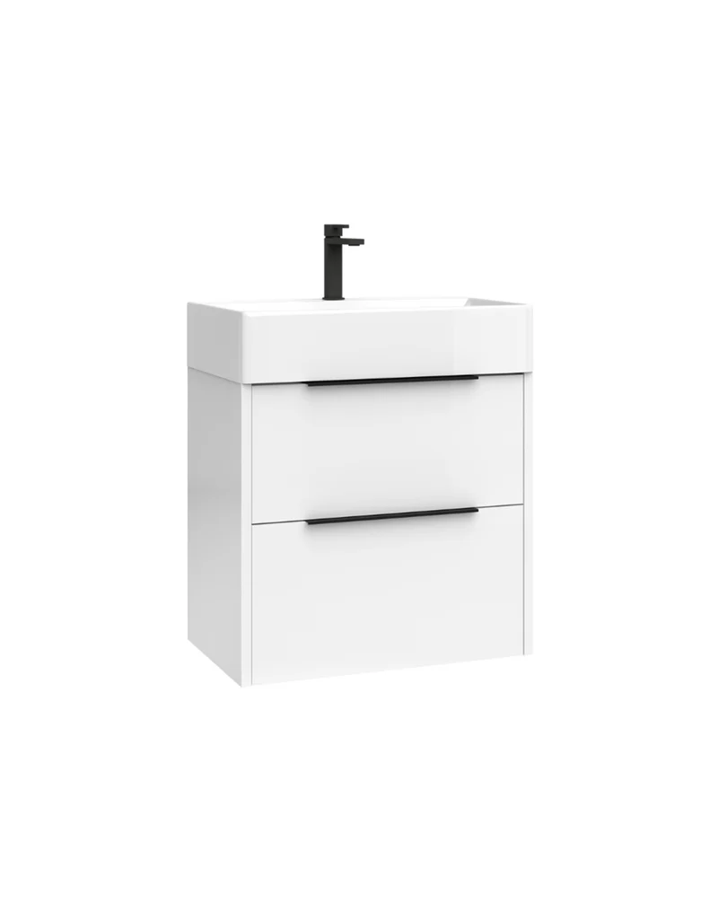 Bambi Mueble Baño Suspendido Fondo Reducido con Lavabo Cerámico 2 Cajones | 60cm Blanco Brillo