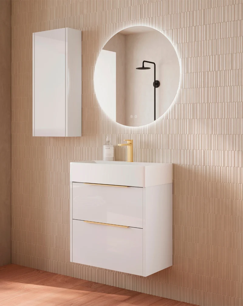 Bambi Mueble Baño Suspendido Fondo Reducido con Lavabo Cerámico 2 Cajones | 60cm Blanco Brillo