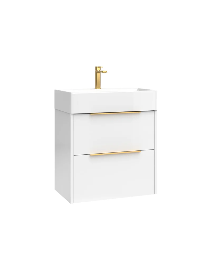 Bambi Mueble Baño Suspendido Fondo Reducido con Lavabo Cerámico 2 Cajones | 60cm Blanco Brillo