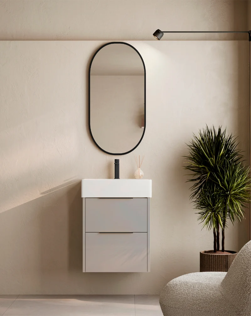 Bambi Mueble Baño Suspendido Fondo Reducido con Lavabo Cerámico 2 Cajones | 50cm Moka Mate