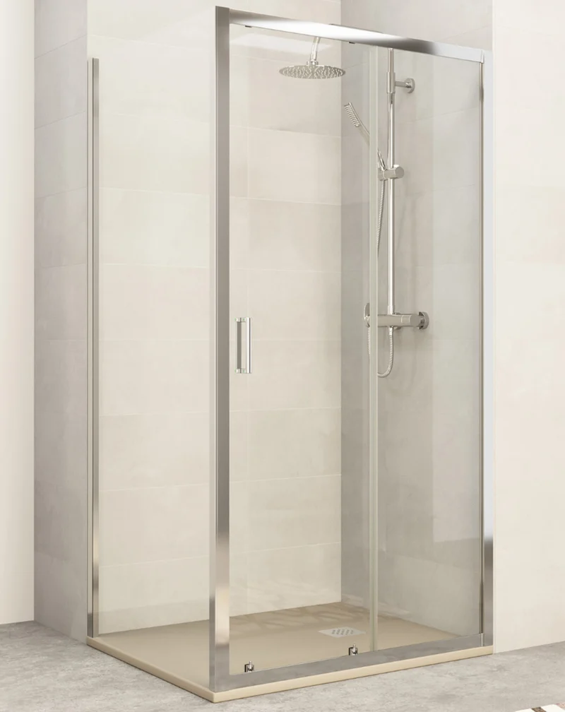 Zurita Mampara de Ducha Rectangular Frontal Corredera 1 puerta 2 fijos | Vidrio Templado 5mm Antical | Altura 190 cm | Perfil Cromo Brillo
