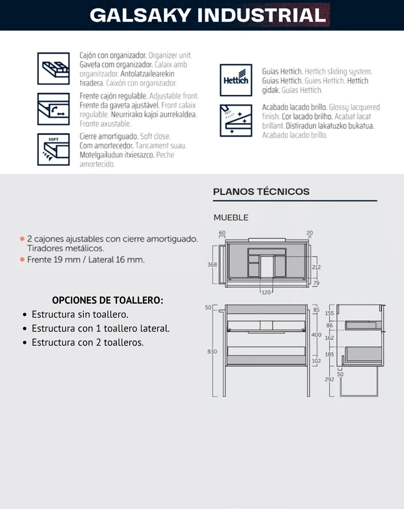 Galsaky Industrial Mueble de Baño Al Suelo con Lavabo Cerámico | 2 cajones con Cierre Amortiguado y Organizador | Pino Gris