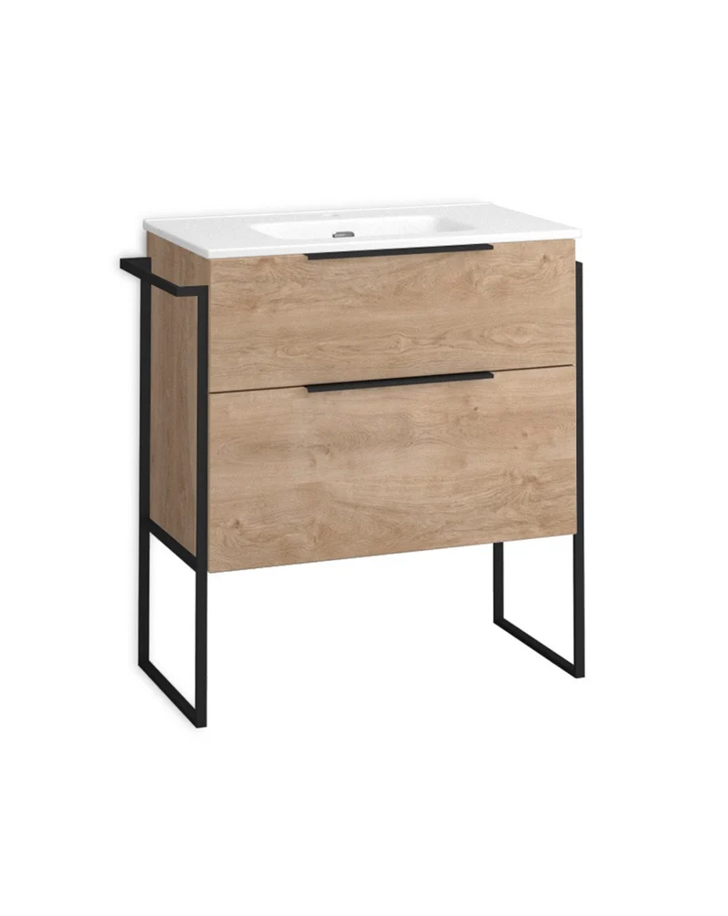 Galsaky Industrial Mueble de Baño Al Suelo con Lavabo Cerámico | 2 cajones con Cierre Amortiguado y Organizador | Roble Natural