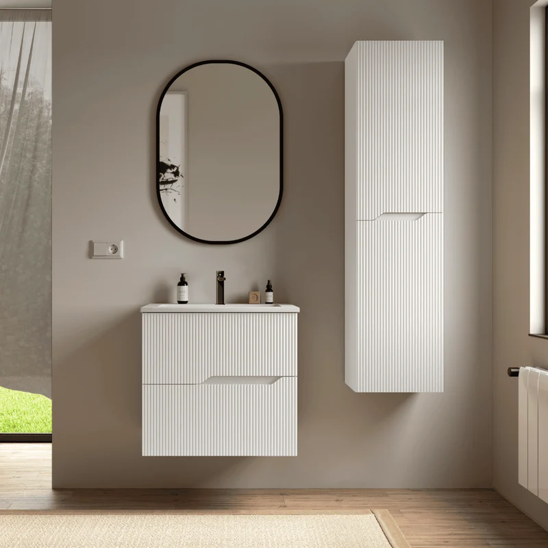 Bamboo Columna de Baño Suspendida 2 Puertas con Textura y Cierre Amortiguado | 140 x 34,9 x 31,9cm Blanco Mate