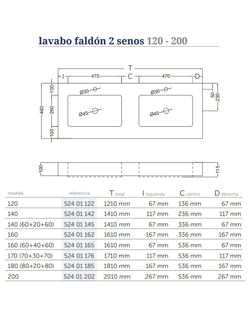 Lavabo con Faldón para Baño Solid Surface Suspendida | Lavabo Flotante (Un Seno Centrado ó 2 Senos)| Fondo 46cm | Espesor 10cm