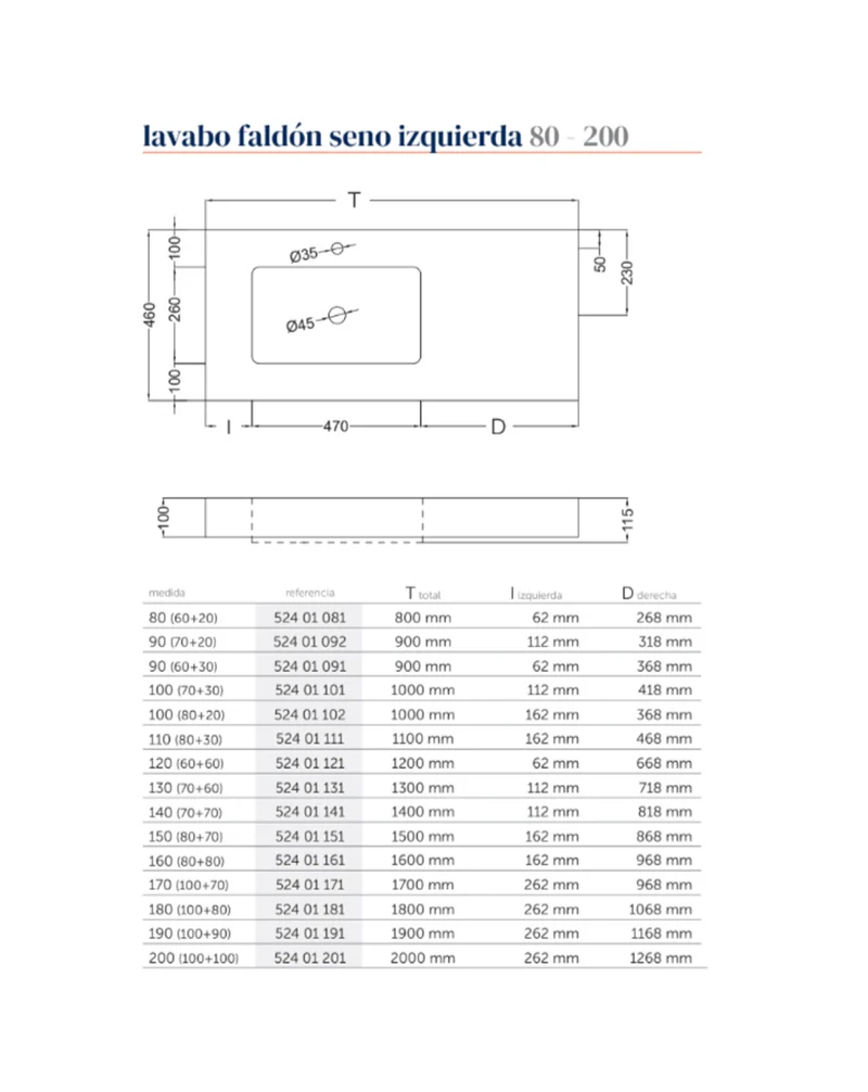 Lavabo con Faldón para Baño Solid Surface Suspendida | Lavabo Flotante (Un 1 seno Centrado, 2 Senos ó 1 seno desplazado)| Fondo 46cm | Espesor 10cm Medidas especiales
