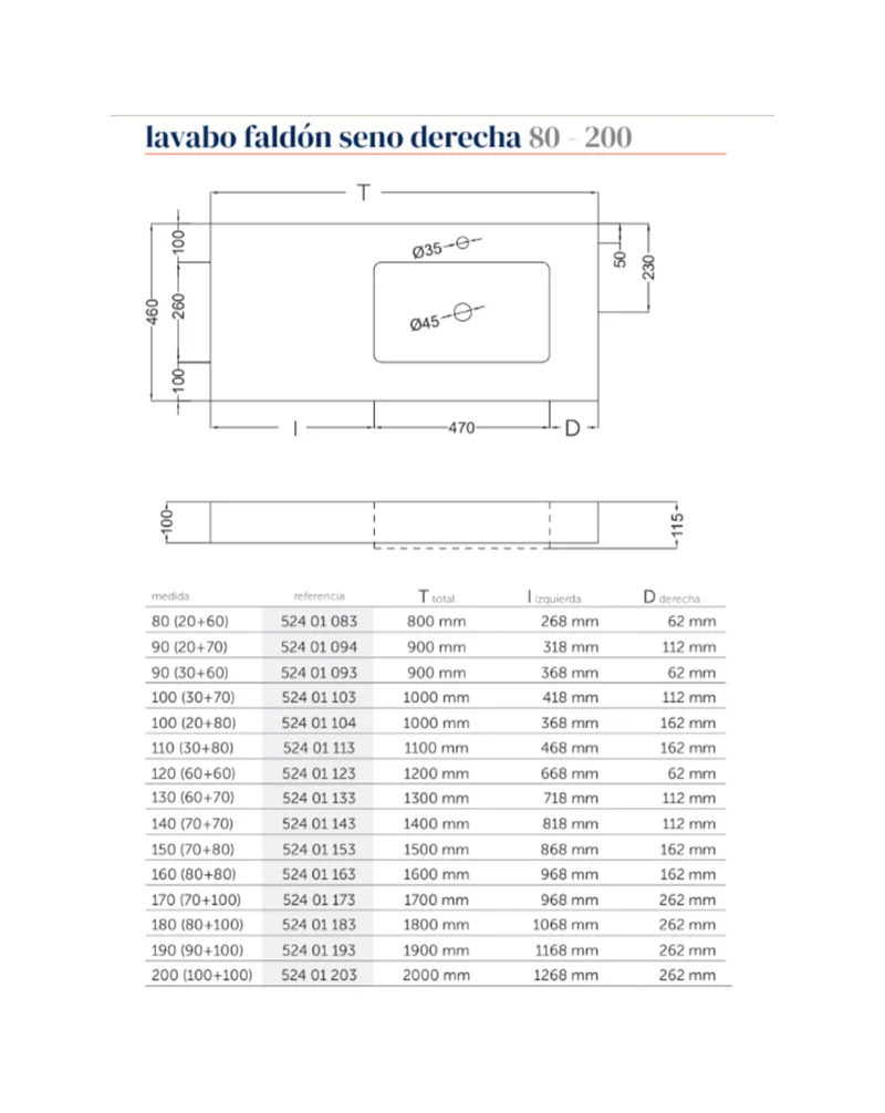 Lavabo con Faldón para Baño Solid Surface Suspendida | Lavabo Flotante (Un 1 seno Centrado, 2 Senos ó 1 seno desplazado)| Fondo 46cm | Espesor 10cm Medidas especiales