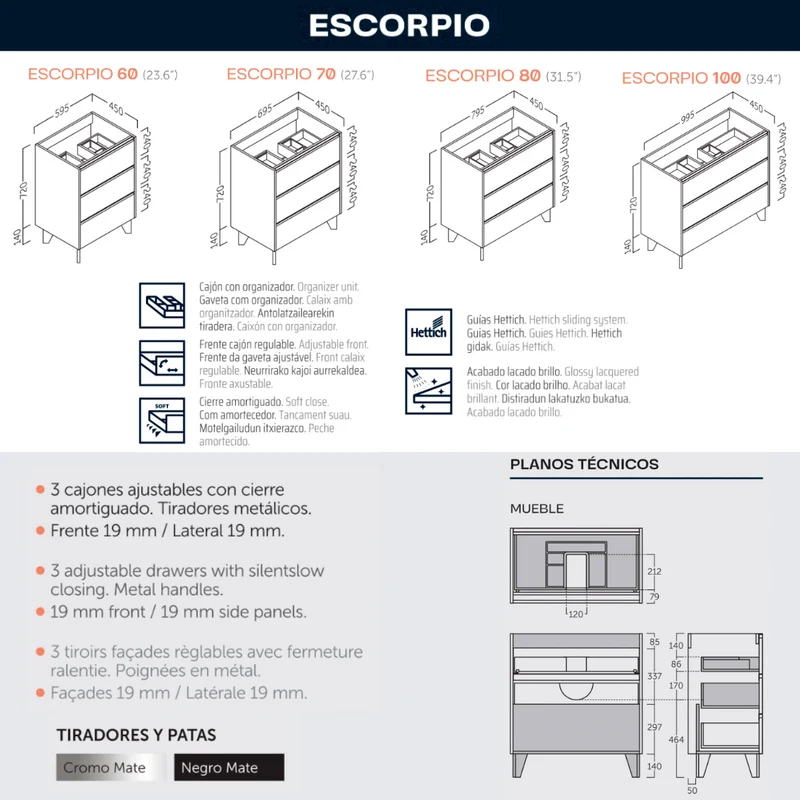Escorpio Mueble de Baño al Suelo con Lavabo Cerámico | 3 Cajones con Cierre Amortiguado y Organizador | Pino Gris