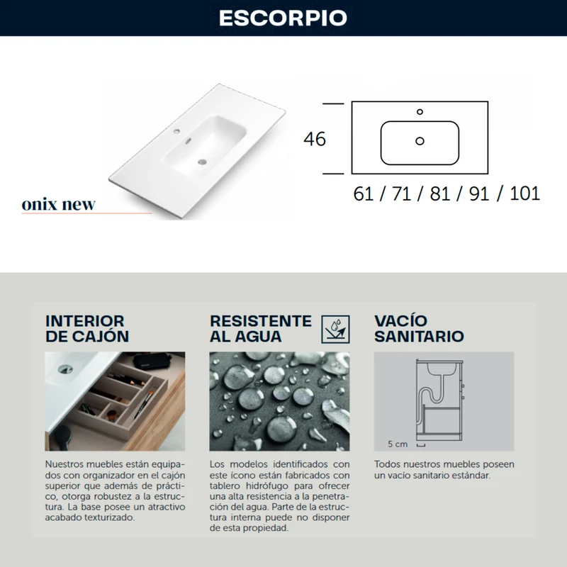 Escorpio Mueble de Baño al Suelo con Lavabo Cerámico | 3 Cajones con Cierre Amortiguado y Organizador | Pino Gris