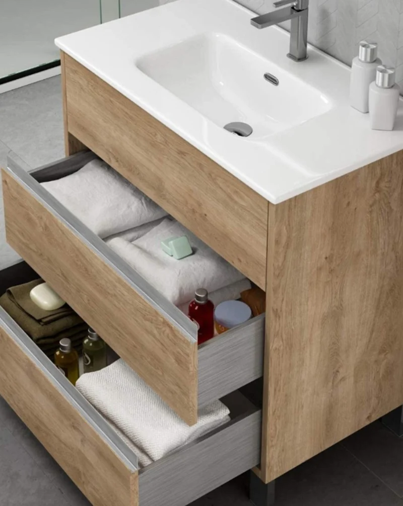 Escorpio Mueble de Baño al Suelo con Espejo y Lavabo Cerámico | 3 Cajones con Cierre Amortiguado y Organizador | Roble Natural