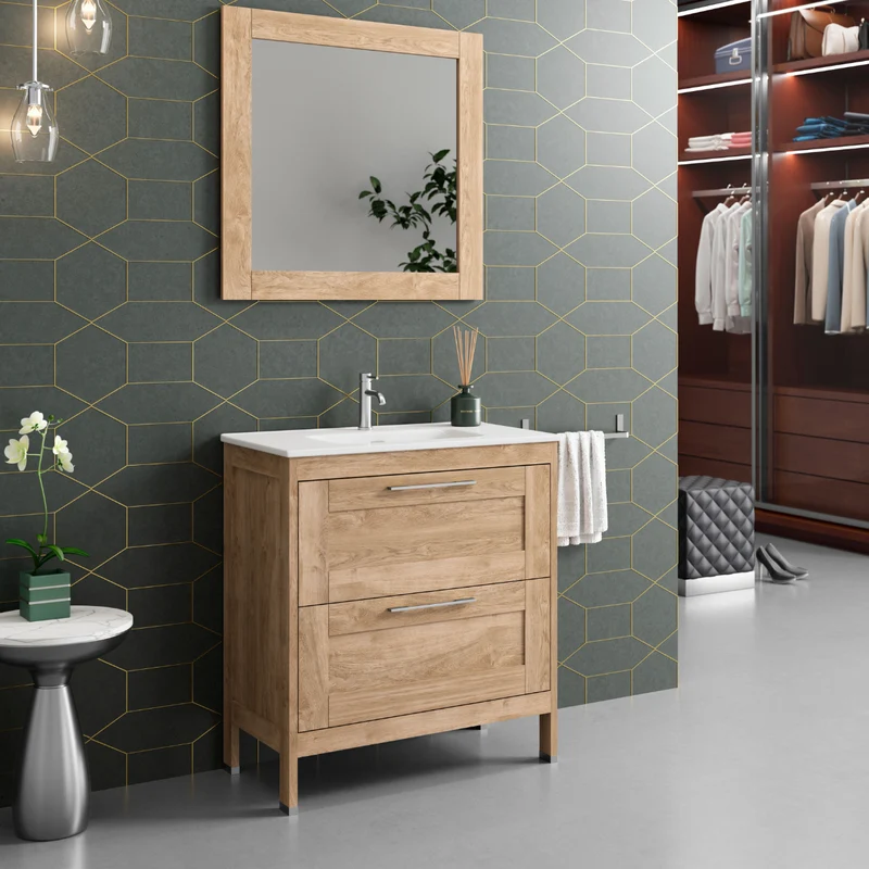 Toscana Mueble Baño A suelo con Lavabo Cerámico | 2 cajones con Cierre Amortiguado y Organizador | Roble Natural