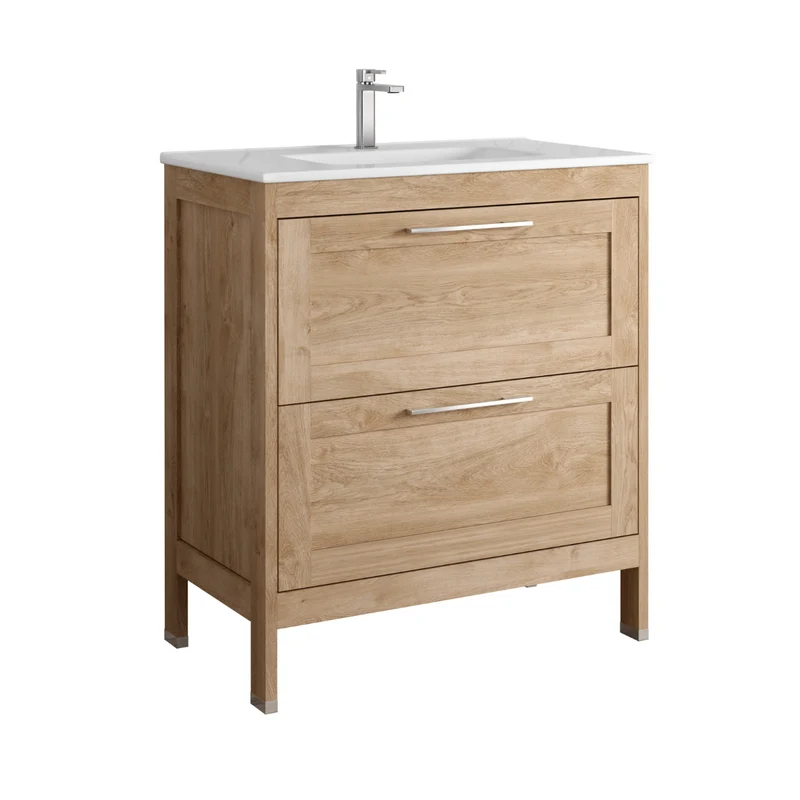 Toscana Mueble Baño A suelo con Lavabo Cerámico | 2 cajones con Cierre Amortiguado y Organizador | Roble Natural