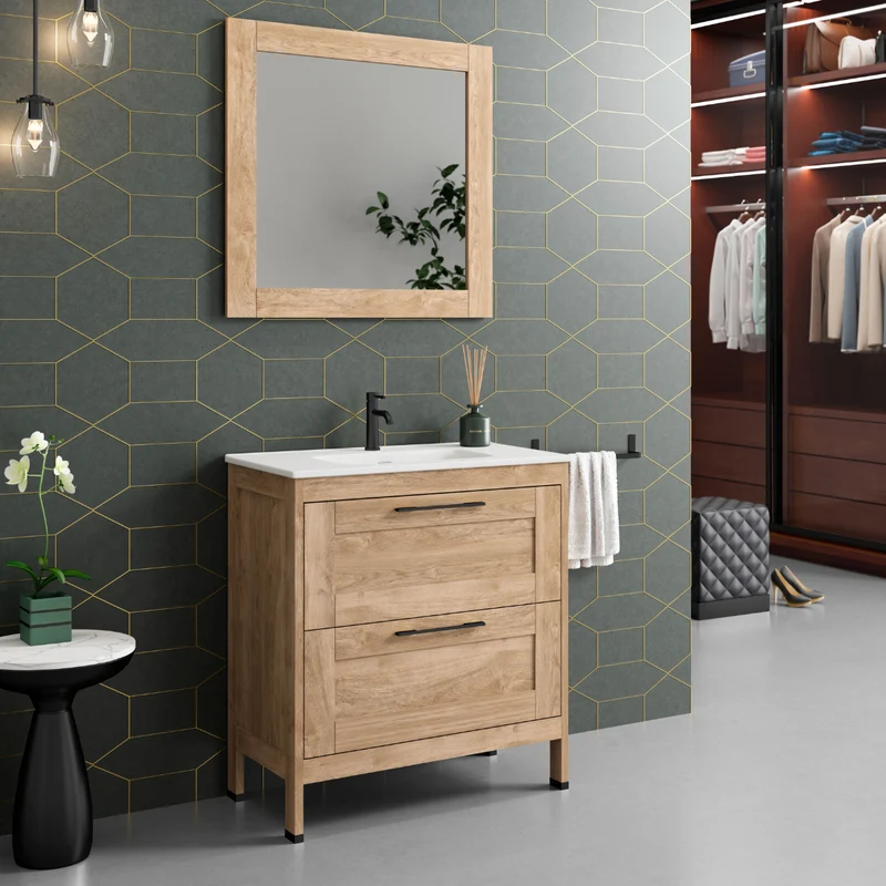 Toscana Mueble Baño A suelo con Lavabo Cerámico | 2 cajones con Cierre Amortiguado y Organizador | Roble Natural