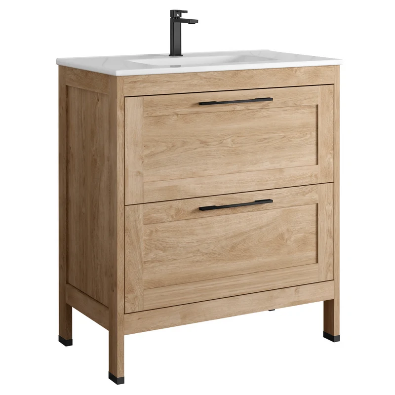 Toscana Mueble Baño A suelo con Lavabo Cerámico | 2 cajones con Cierre Amortiguado y Organizador | Roble Natural