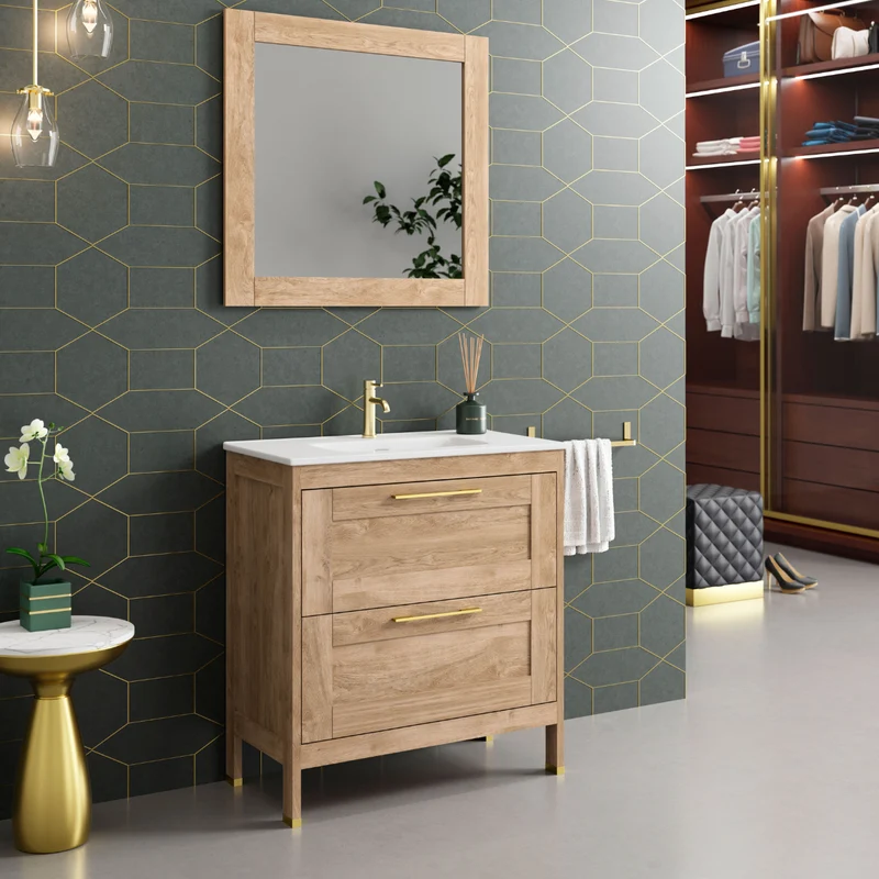 Toscana Mueble Baño A suelo con Lavabo Cerámico | 2 cajones con Cierre Amortiguado y Organizador | Roble Natural