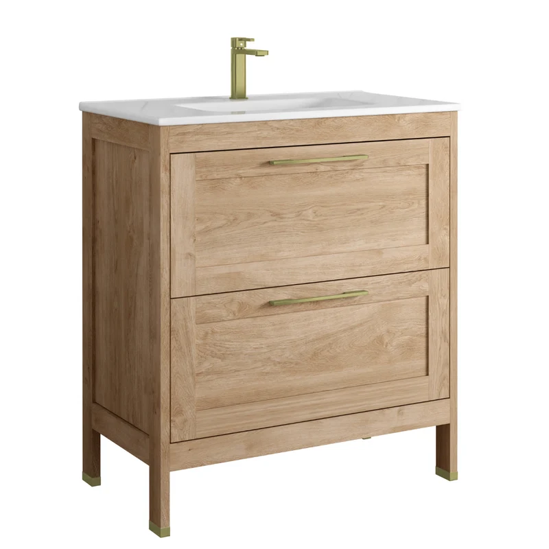Toscana Mueble Baño A suelo con Lavabo Cerámico | 2 cajones con Cierre Amortiguado y Organizador | Roble Natural