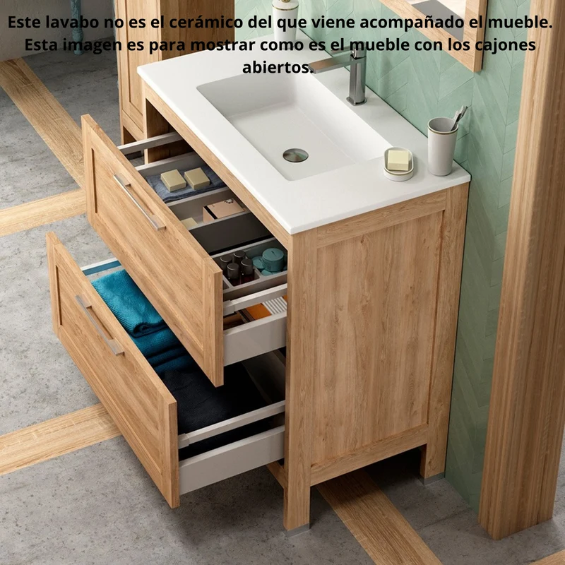 Toscana Mueble Baño A suelo con Lavabo Cerámico | 2 cajones con Cierre Amortiguado y Organizador | Roble Natural