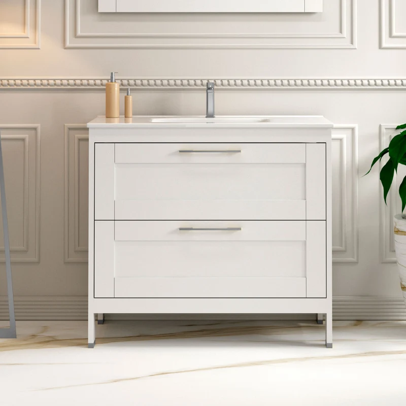 Toscana Mueble Baño A suelo con Lavabo Cerámico | 2 cajones con Cierre Amortiguado y Organizador | Blanco Mate
