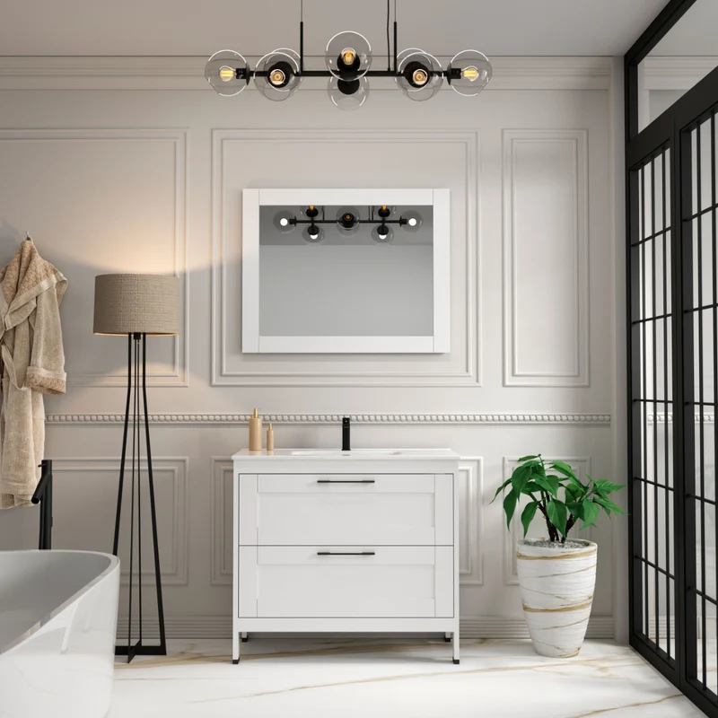 Toscana Mueble Baño A suelo con Lavabo Cerámico | 2 cajones con Cierre Amortiguado y Organizador | Blanco Mate