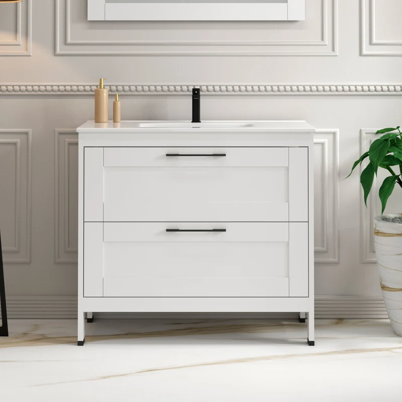 Toscana Mueble Baño A suelo con Lavabo Cerámico | 2 cajones con Cierre Amortiguado y Organizador | Blanco Mate