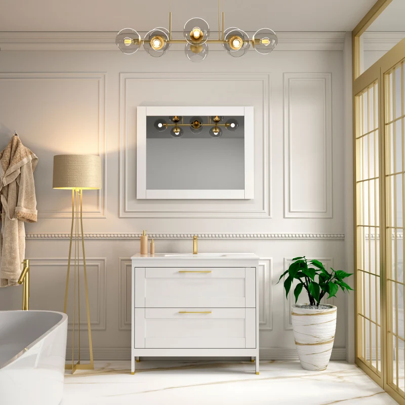 Toscana Mueble Baño A suelo con Lavabo Cerámico | 2 cajones con Cierre Amortiguado y Organizador | Blanco Mate