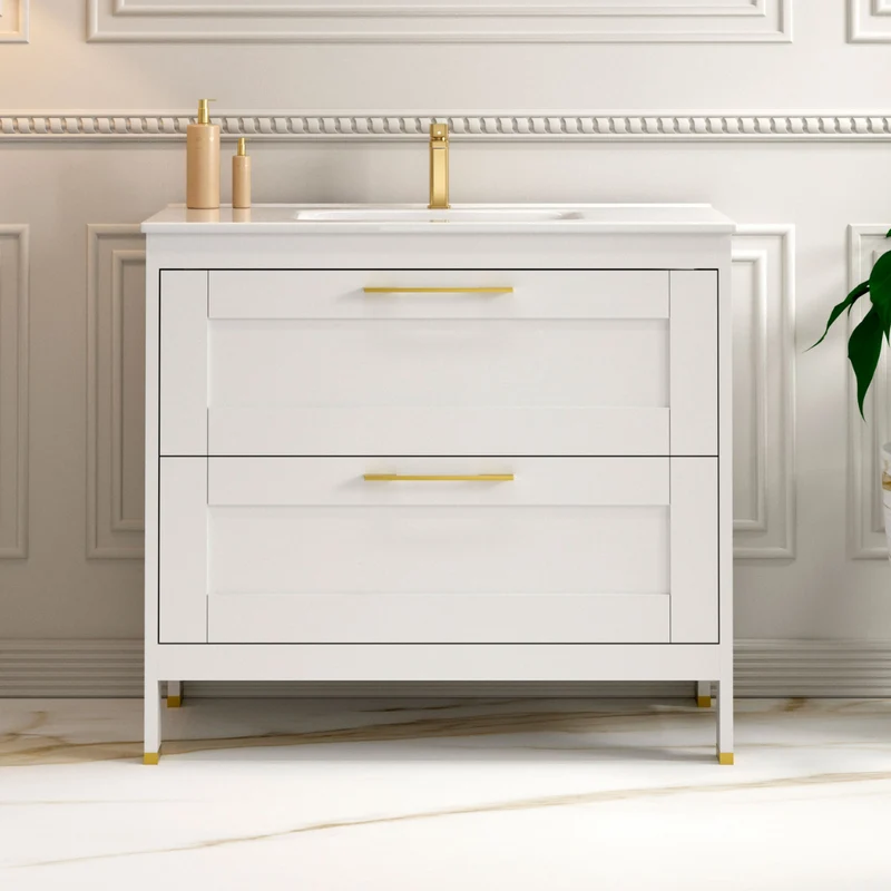 Toscana Mueble Baño A suelo con Lavabo Cerámico | 2 cajones con Cierre Amortiguado y Organizador | Blanco Mate