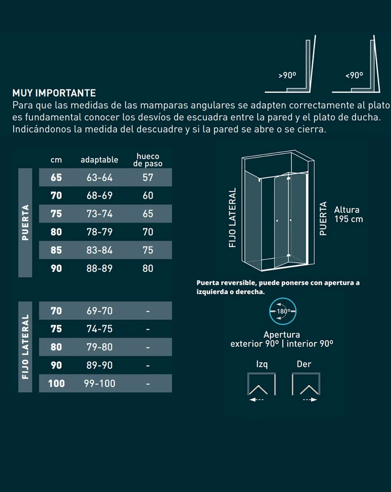 Vera Mampara de Ducha Rectangular Puerta Plegable 1 Fijo Latetal | 6mm Antical 195cm Altura | Blanco Mate