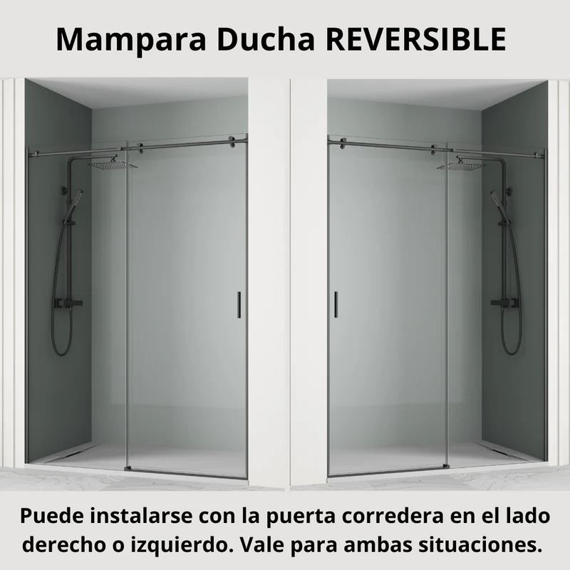 Madrid Mampara Ducha Frontal Corredera 1 Puerta 1 Fijo | Vidrio 8mm Antical Alto 195cm | Reversible Izquierda / Derecha | Negro mate