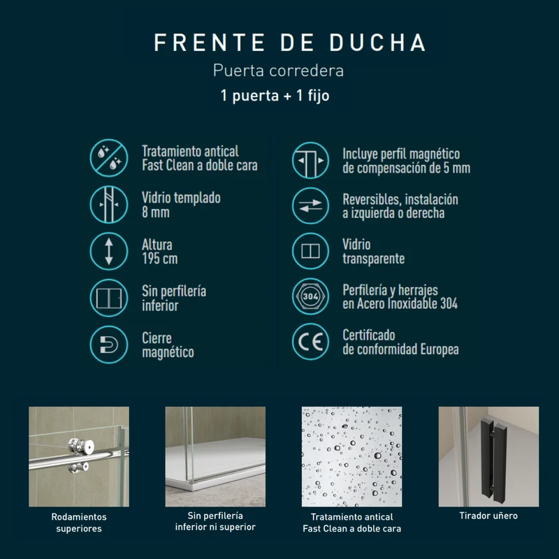 Madrid Mampara Ducha Frontal Corredera 1 Puerta 1 Fijo | Vidrio 8mm Antical Alto 195cm | Reversible Izquierda / Derecha | Cromo Brillo