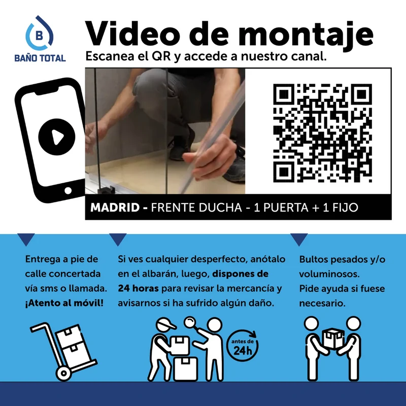 Madrid Mampara Ducha Frontal Corredera 1 Puerta 1 Fijo | Vidrio 8mm Antical Alto 195cm | Reversible Izquierda / Derecha | Cromo Brillo