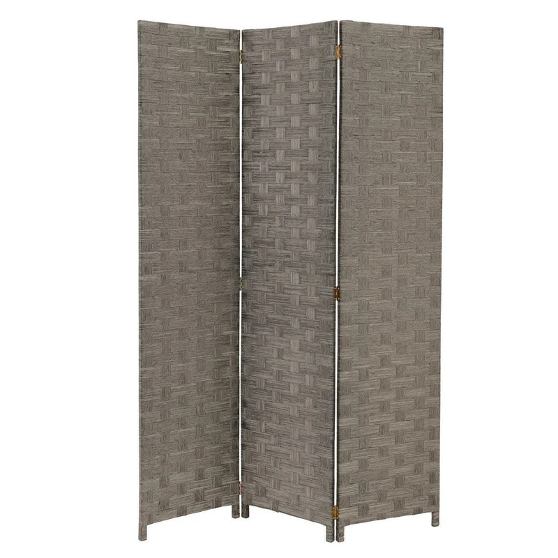 Biombo tríptico de papel trenzado color gris, plegable y de 120x175 cm