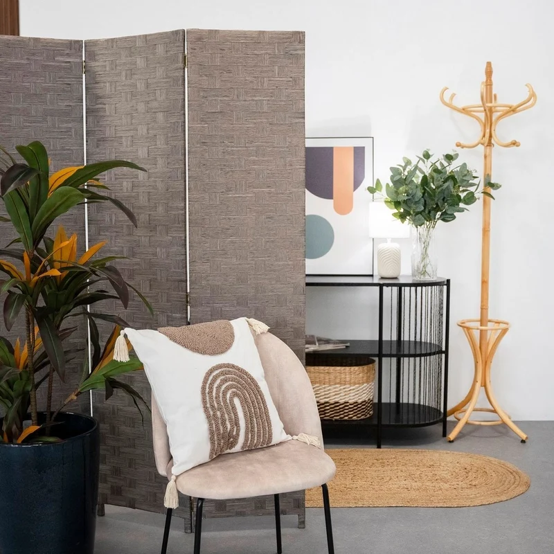 Biombo tríptico de papel trenzado color gris, plegable y de 120x175 cm