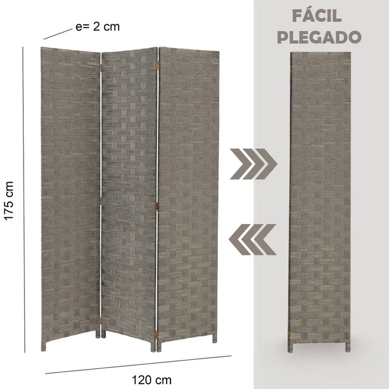 Biombo tríptico de papel trenzado color gris, plegable y de 120x175 cm