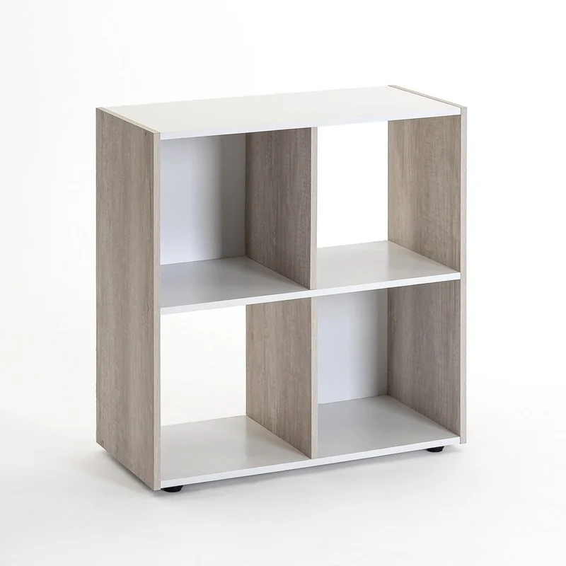 Estantería Cubo con 4 huecos de laminado blanco y roble claro de 62x60x30cm