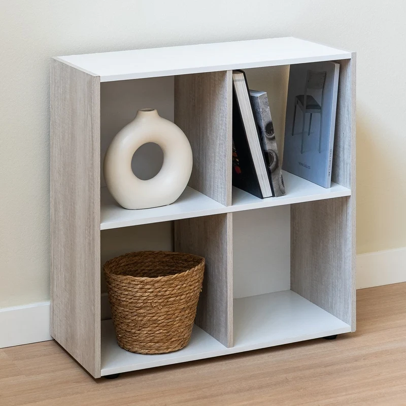 Estantería Cubo con 4 huecos de laminado blanco y roble claro de 62x60x30cm