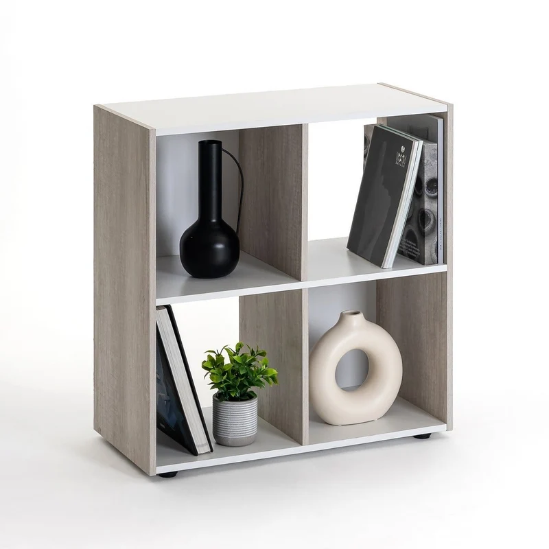Estantería Cubo con 4 huecos de laminado blanco y roble claro de 62x60x30cm