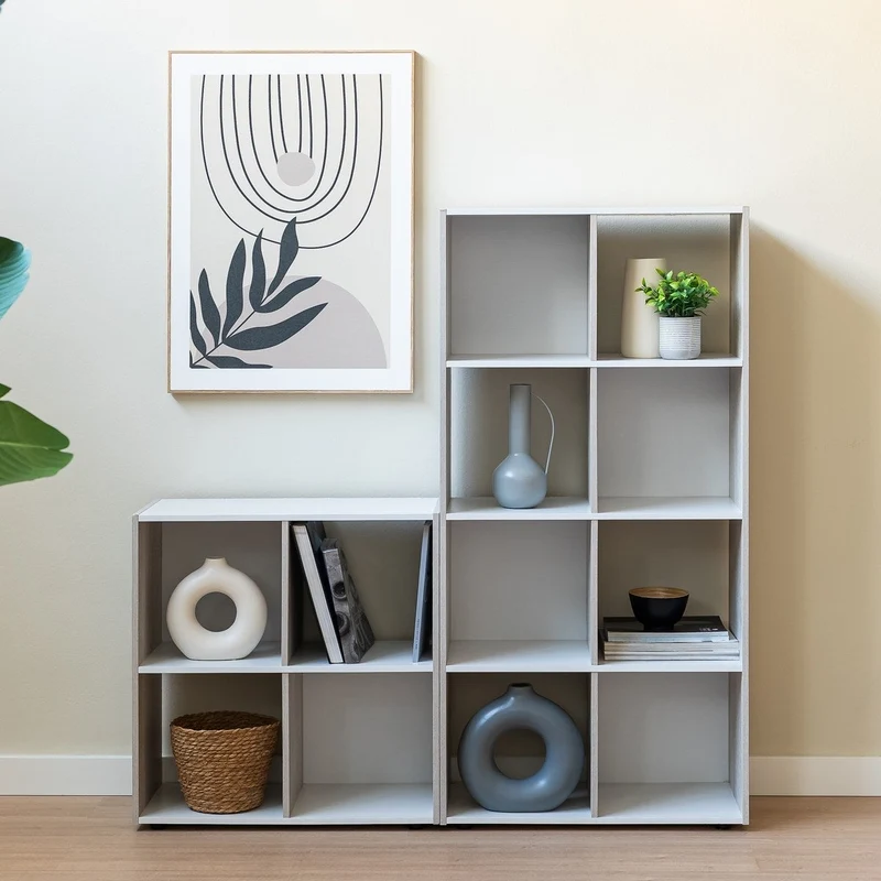 Estantería Cubo con 4 huecos de laminado blanco y roble claro de 62x60x30cm