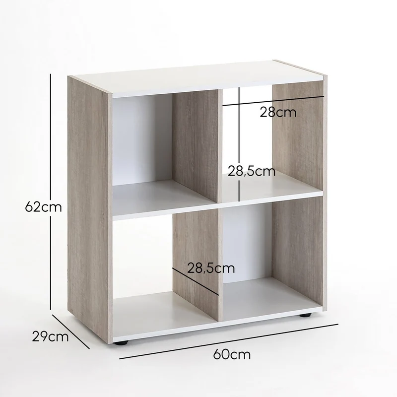 Estantería Cubo con 4 huecos de laminado blanco y roble claro de 62x60x30cm