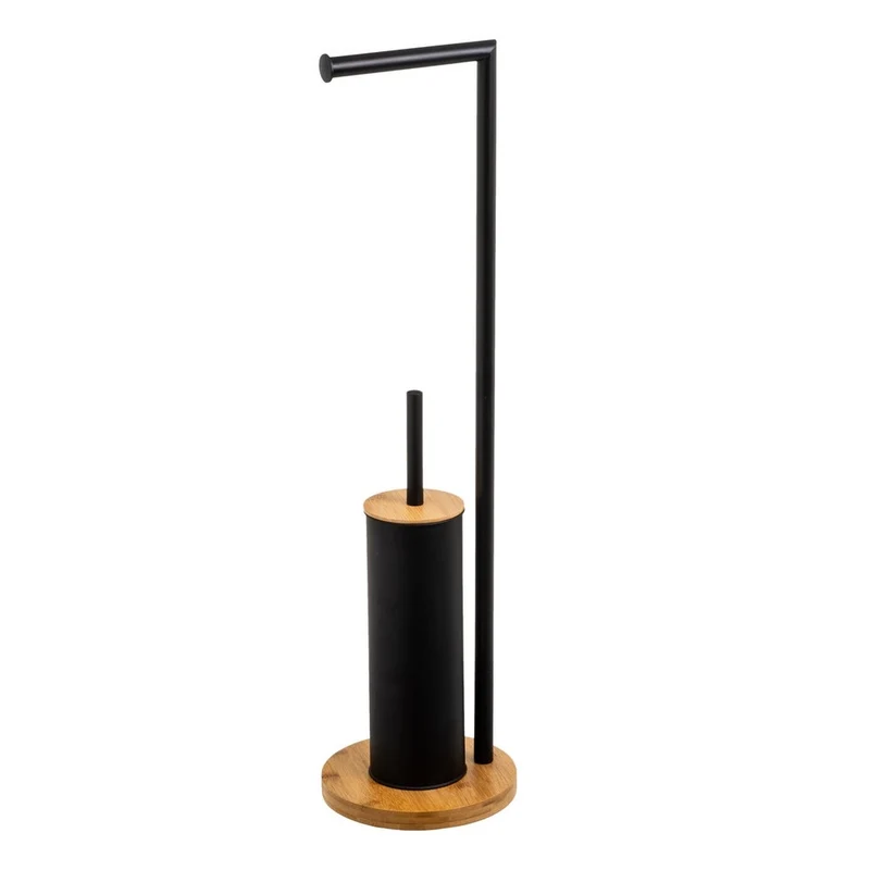 Portarrollos redondo de metal negro y base de bambú con escobilla 73cm