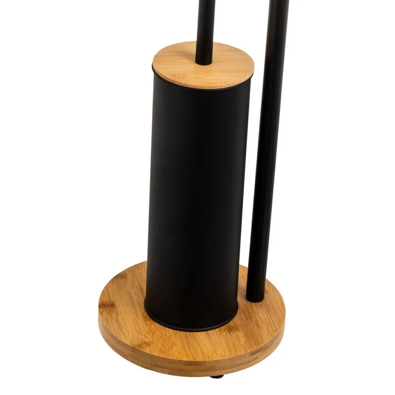 Portarrollos redondo de metal negro y base de bambú con escobilla 73cm