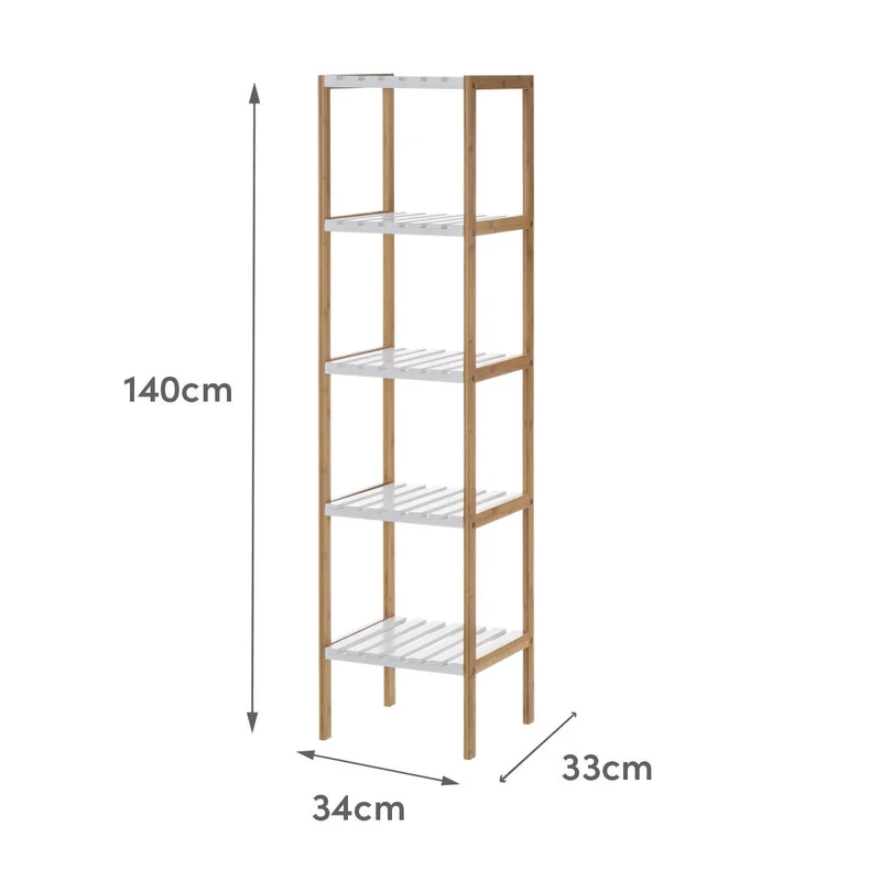 Estantería de pie de bambú natural con 5 baldas blancas de 33x34x140 cm