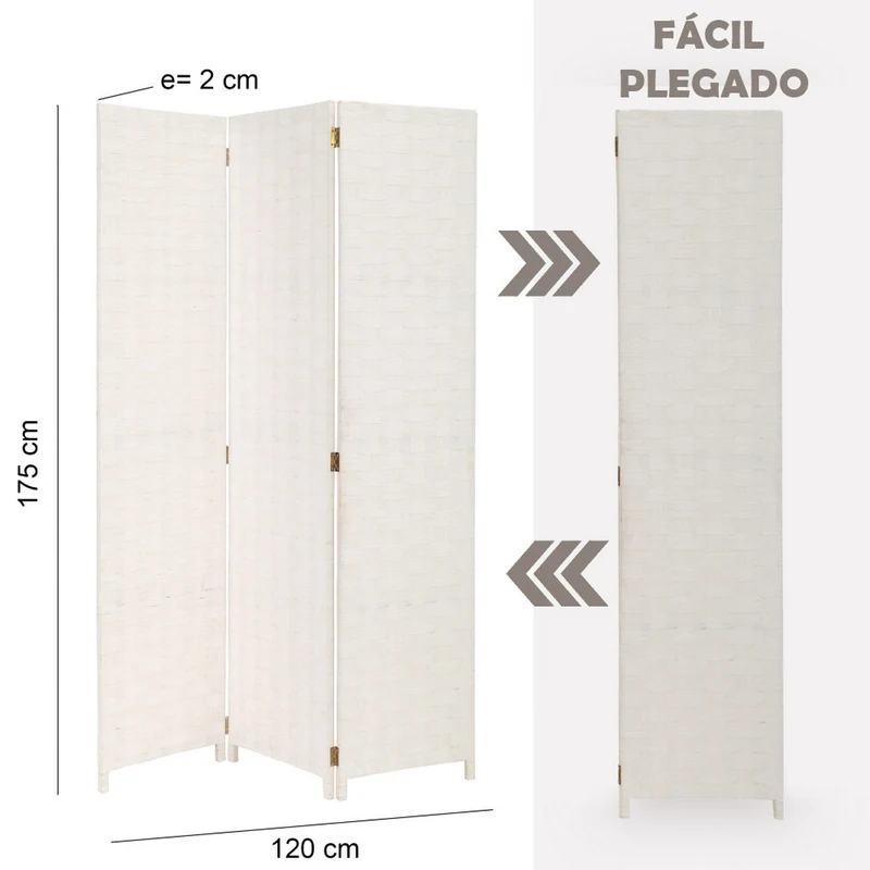 Biombo tríptico de papel trenzado color blanco, plegable y de 120x175 cm