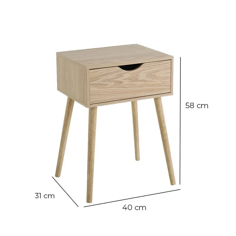 Mesita de noche de 1 cajón con laminado color natural de 40x31x58 cm