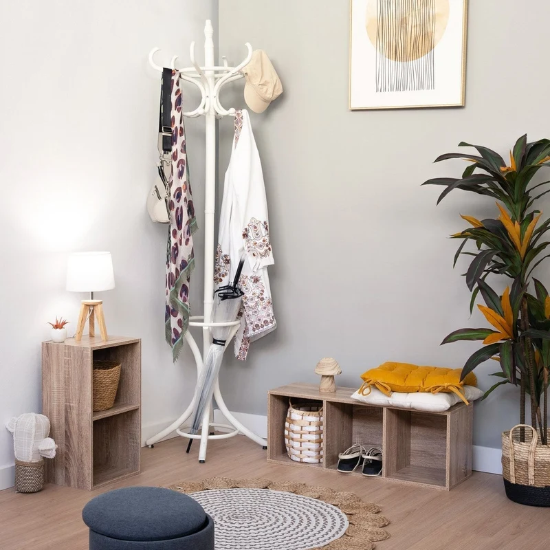 Perchero de pie clásico de madera blanca de 184 cm con 12 brazos