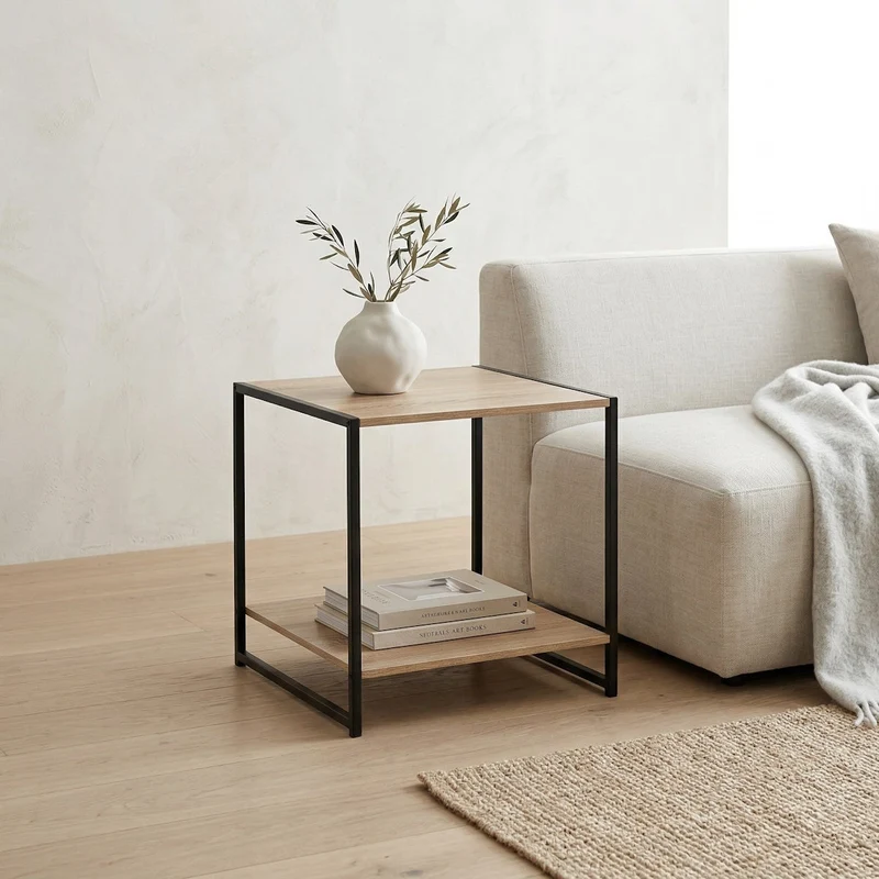 Mesa auxiliar Urban metal negro y tablero natural de 50x50x50 cm