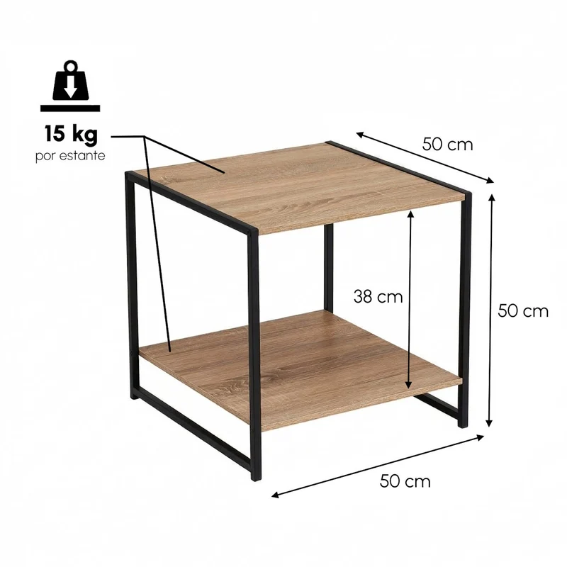 Mesa auxiliar Urban metal negro y tablero natural de 50x50x50 cm