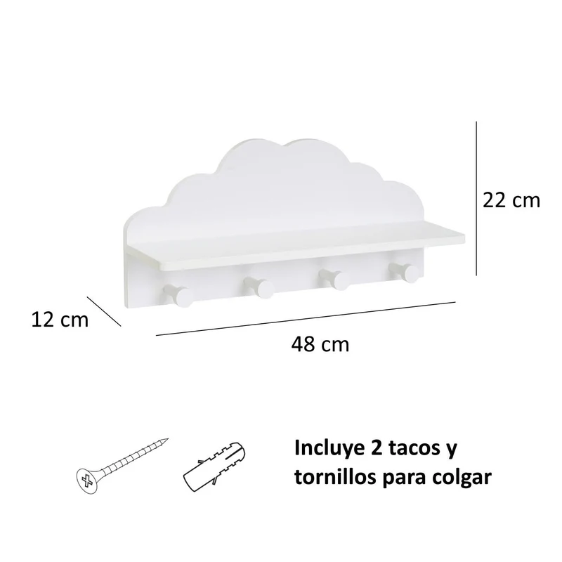 Perchero de pared infantil diseño nube con estante blanco de 22x48x12 cm