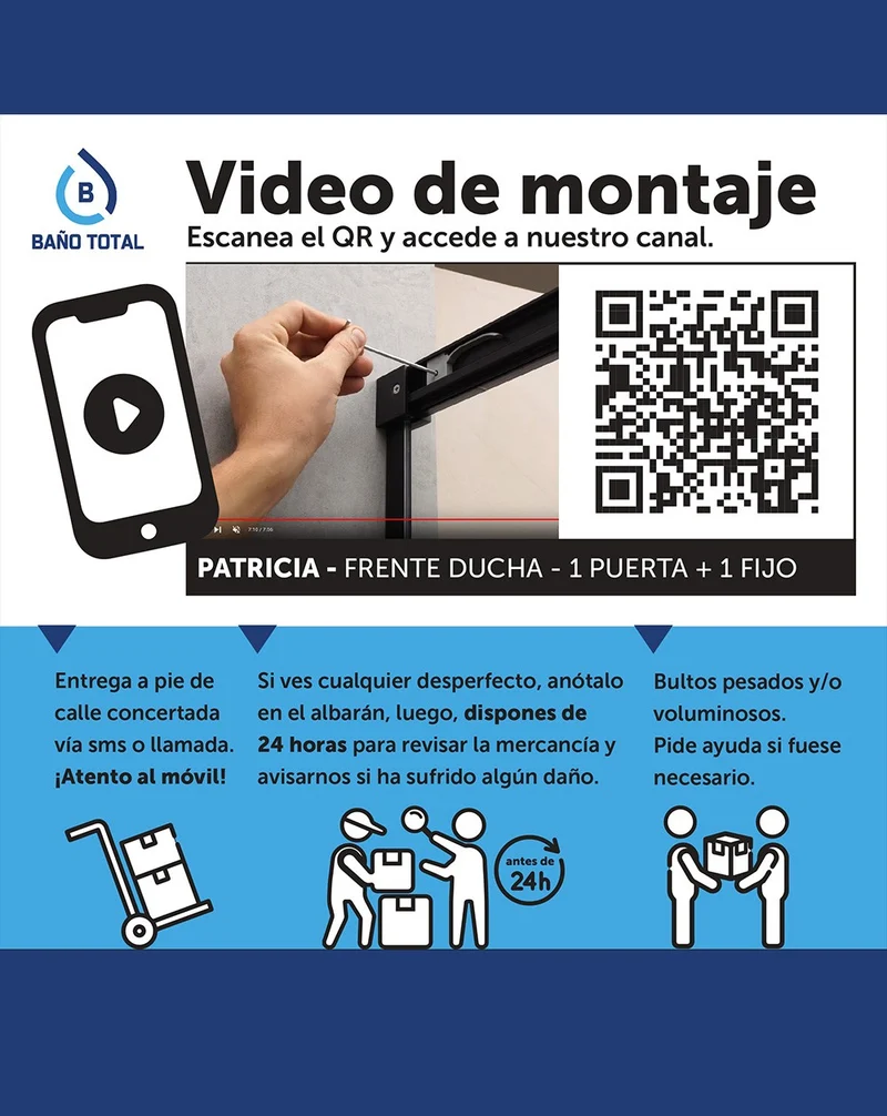 Patricia Mampara de Ducha Frontal 1 Puerta 1 Fijo Corredera | Vidrio Templado de 6mm | Antical | Reversible Izquierdo o Derecho | Blanco Mate