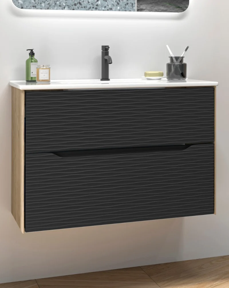 Sahara Mueble de Baño Suspendido con Lavabo Cerámico | 2 cajones Cierre Amortiguado y Organizador | Lavabo Onix | Negro Azabache Mate