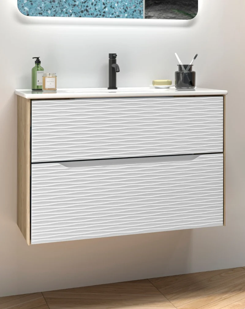 Sahara Mueble de Baño Suspendido con Lavabo Cerámico | 2 cajones Cierre Amortiguado y Organizador | Lavabo Onix | Blanco Mate